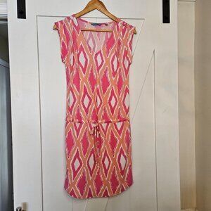 Tori Richard Honolulu Pink Orange Drawstring Waist Diamond Print Dress Size XS